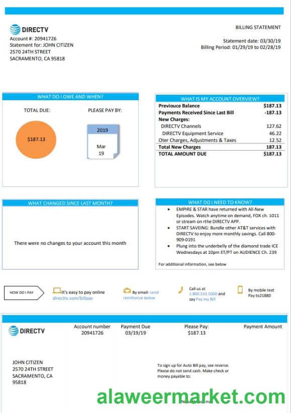 USA California Directv utility bill template in Word and PDF format, good for address prove